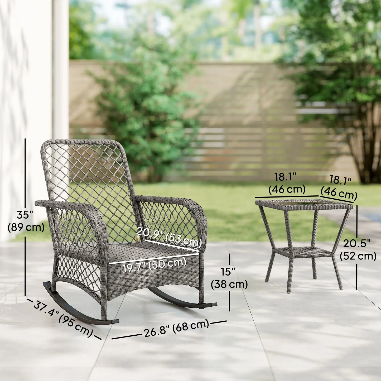 3 Piece Wicker Patio Furniture, Rocking Bistro Set, High Back Rocking Chairs, 2-Tier Glass Table, Light Grey Bistro Sets at Gallery Canada