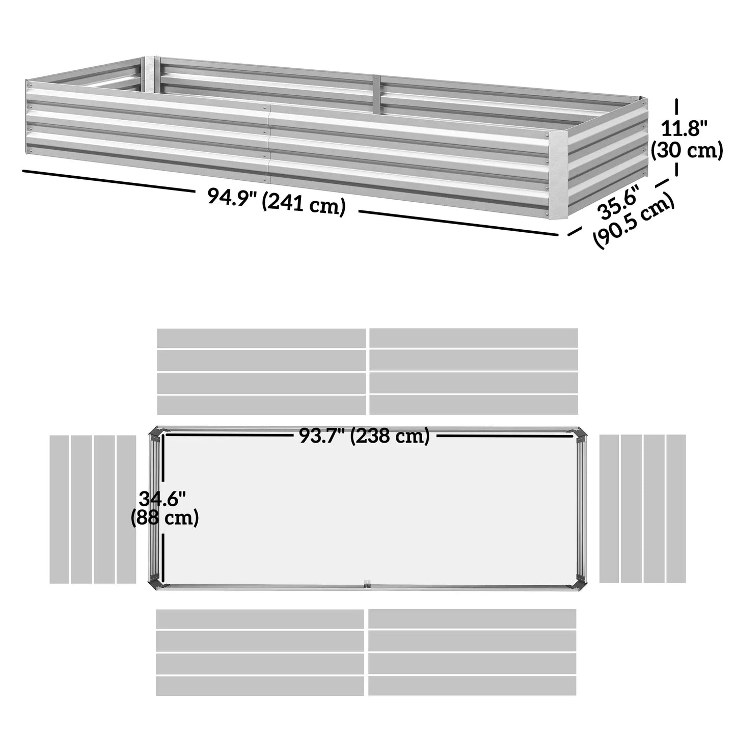 95" x 36" x 12" Galvanized Raised Garden Bed, Metal Planter Box for Flowers, Herbs, Succulents, Silver Galvanized Planter Boxes at Gallery Canada