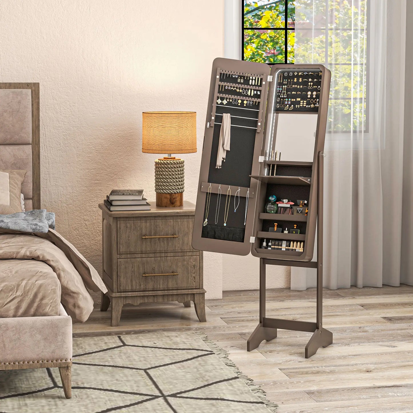 Standing Jewelry Cabinet with LED, Adjustable Mirror, Brown Jewelry Armoire & Jewellery Mirror Cabinets at Gallery Canada