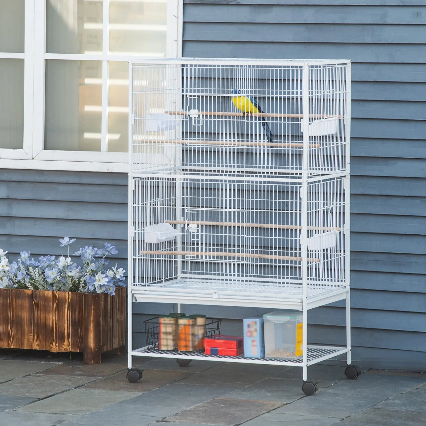 52" Large Rolling Steel Bird Cage, With Stand, Shelf, Perch, White Bird Cages at Gallery Canada