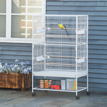 52" Large Rolling Steel Bird Cage, With Stand, Shelf, Perch, White Bird Cages at Gallery Canada
