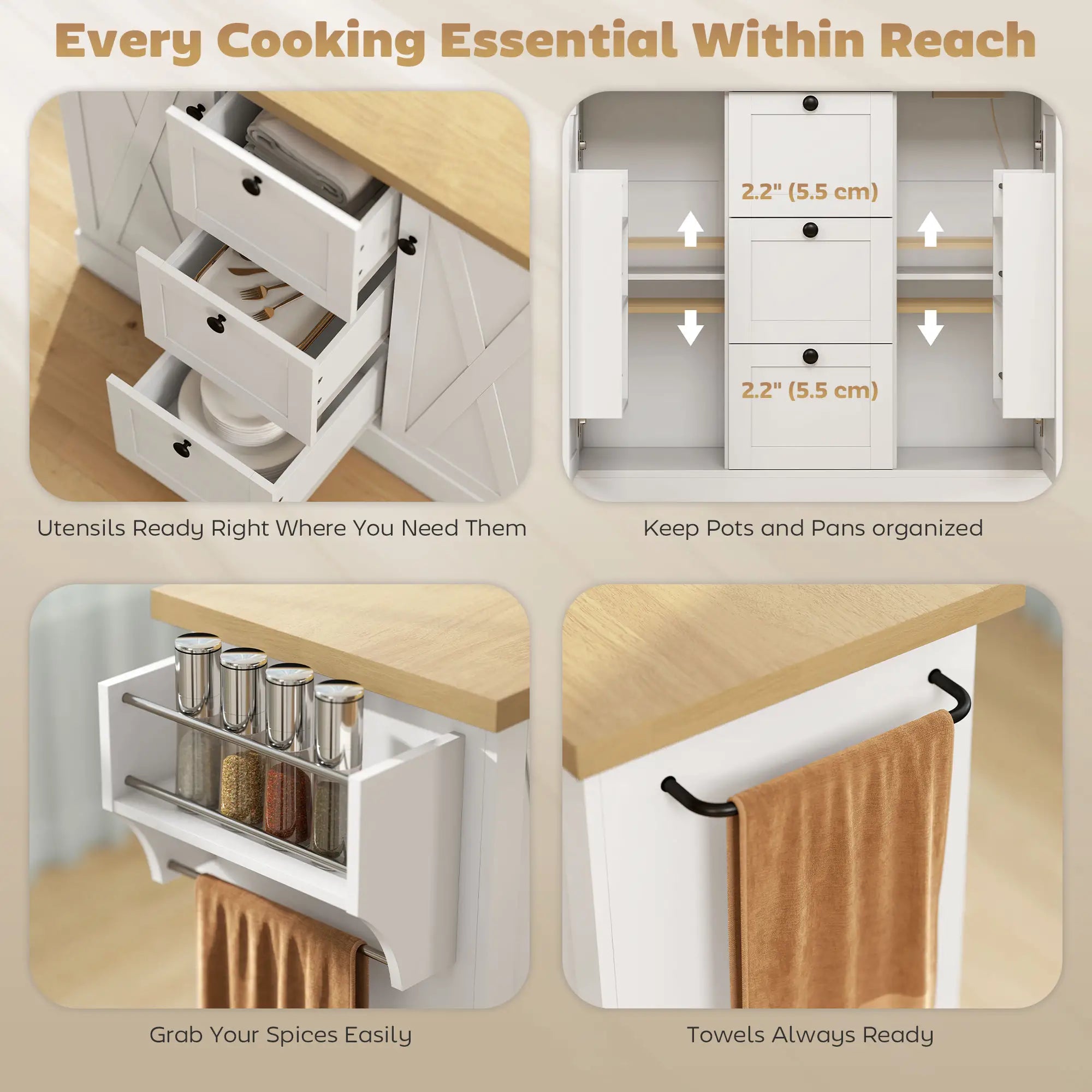 Farmhouse Kitchen Island Cart with Power Outlet, 49 Inch, White Kitchen Islands & Kitchen Carts at Gallery Canada