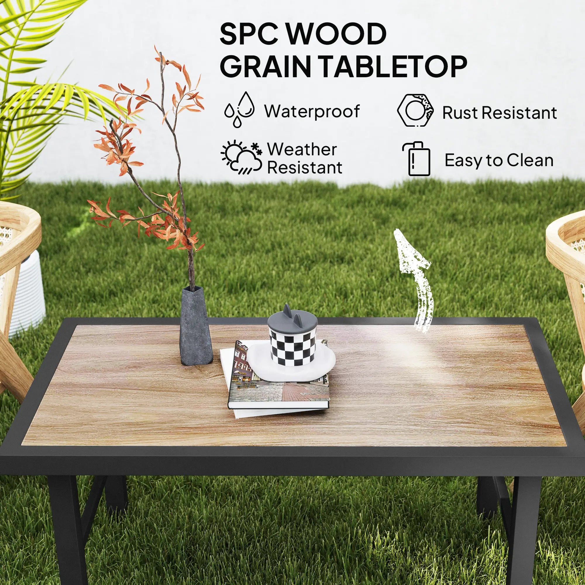 Outdoor Side Table, SPC Woodgrain Tabletop, Metal Patio Coffee Table, Brown Patio Side Tables at Gallery Canada