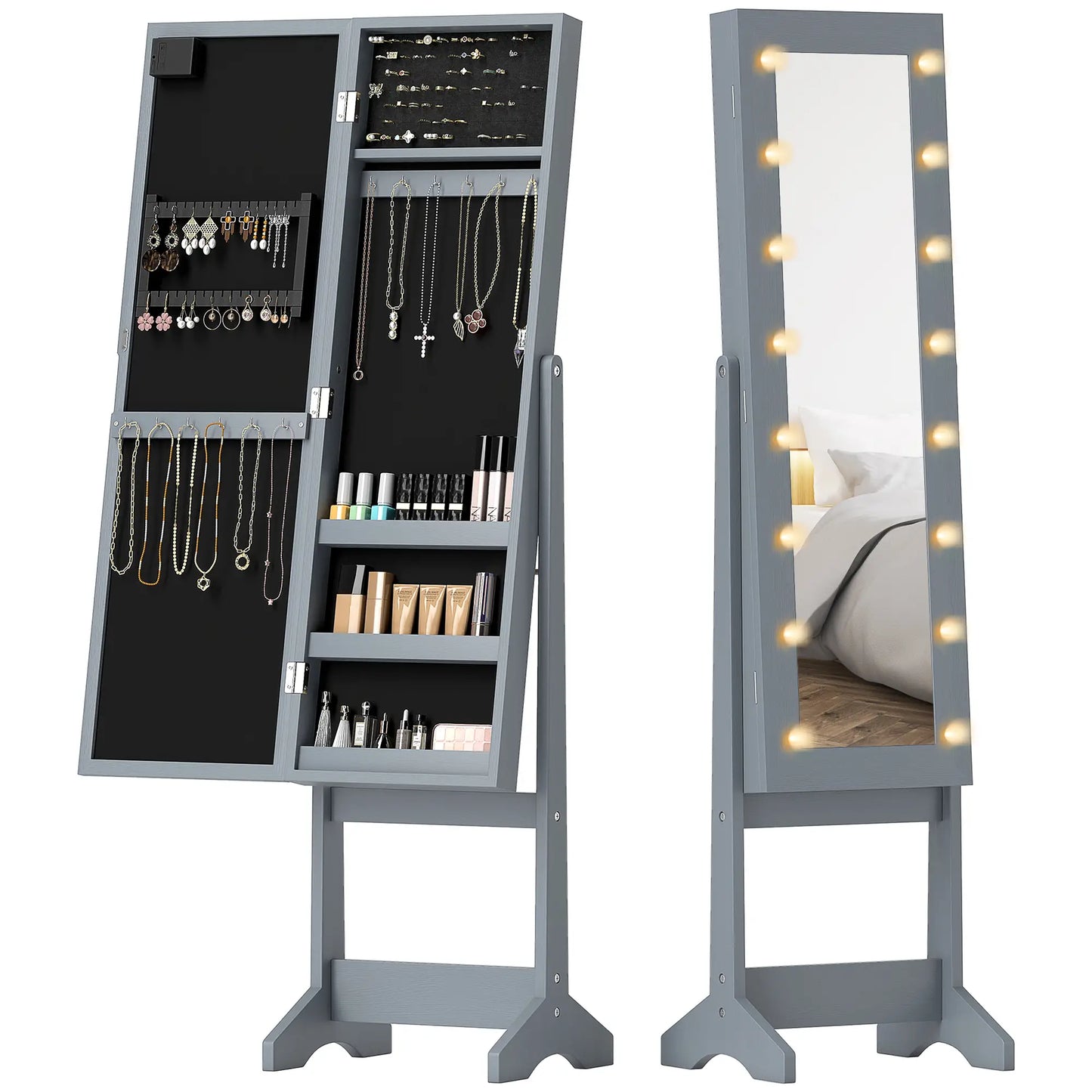 Free Standing Armoire Organizer, Lighted Mirrored Jewelry Cabinet, Grey Jewellery Armoire & Jewellery Mirror Cabinets Grey at Gallery Canada
