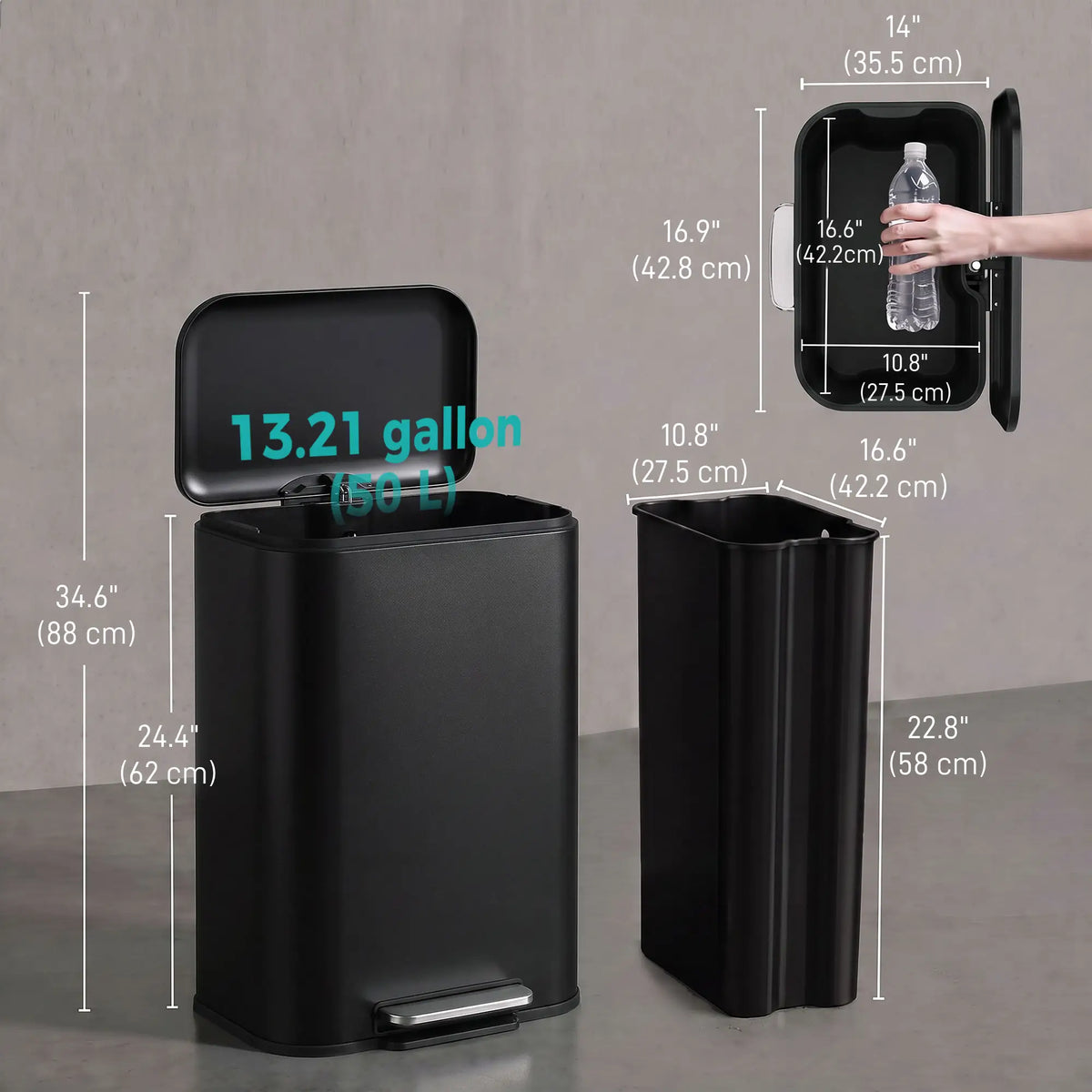 13.2 Gallon Slim Trash Can, Stainless Steel, Black