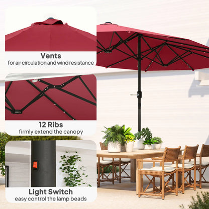 173.2" Double-Sided Sun Umbrella, LED Solar Light, No Base, Wine Red Double-sided Umbrellas at Gallery Canada