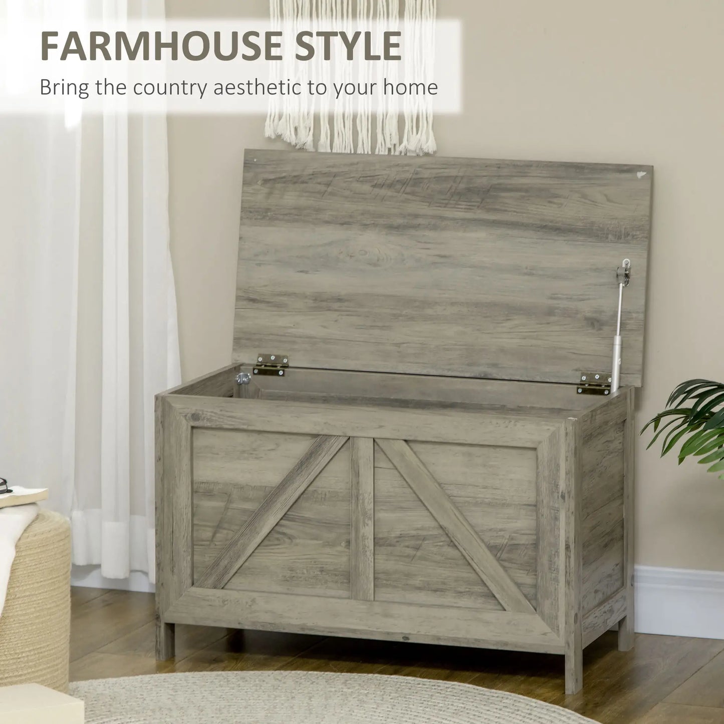 Farmhouse Storage Trunk Box, Safety Hinge, Grey Wood Grain, Grey Storage Cabinets at Gallery Canada