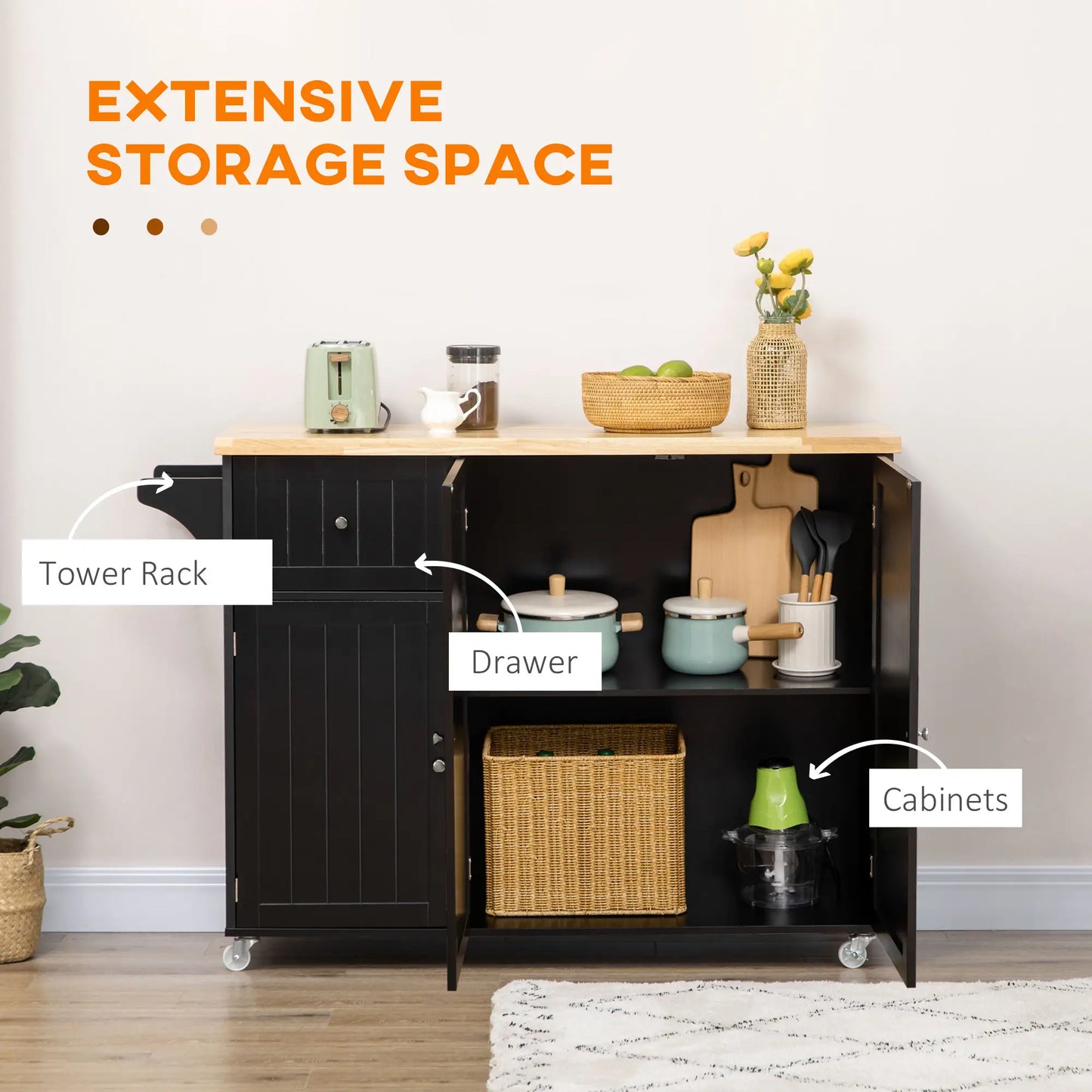 Rolling Kitchen Island with Storage, Utility Kitchen Island Cart with Drawer, Cabinets, Towel Rack and Rubber Wood Top Kitchen Islands & Kitchen Carts at Gallery Canada