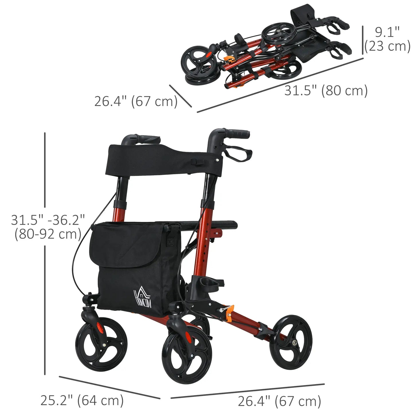 Senior Rollator with Seat, Back, Cane Holder, Adjustable Handle, Red Knee Walker & Wheelchair Ramps at Gallery Canada