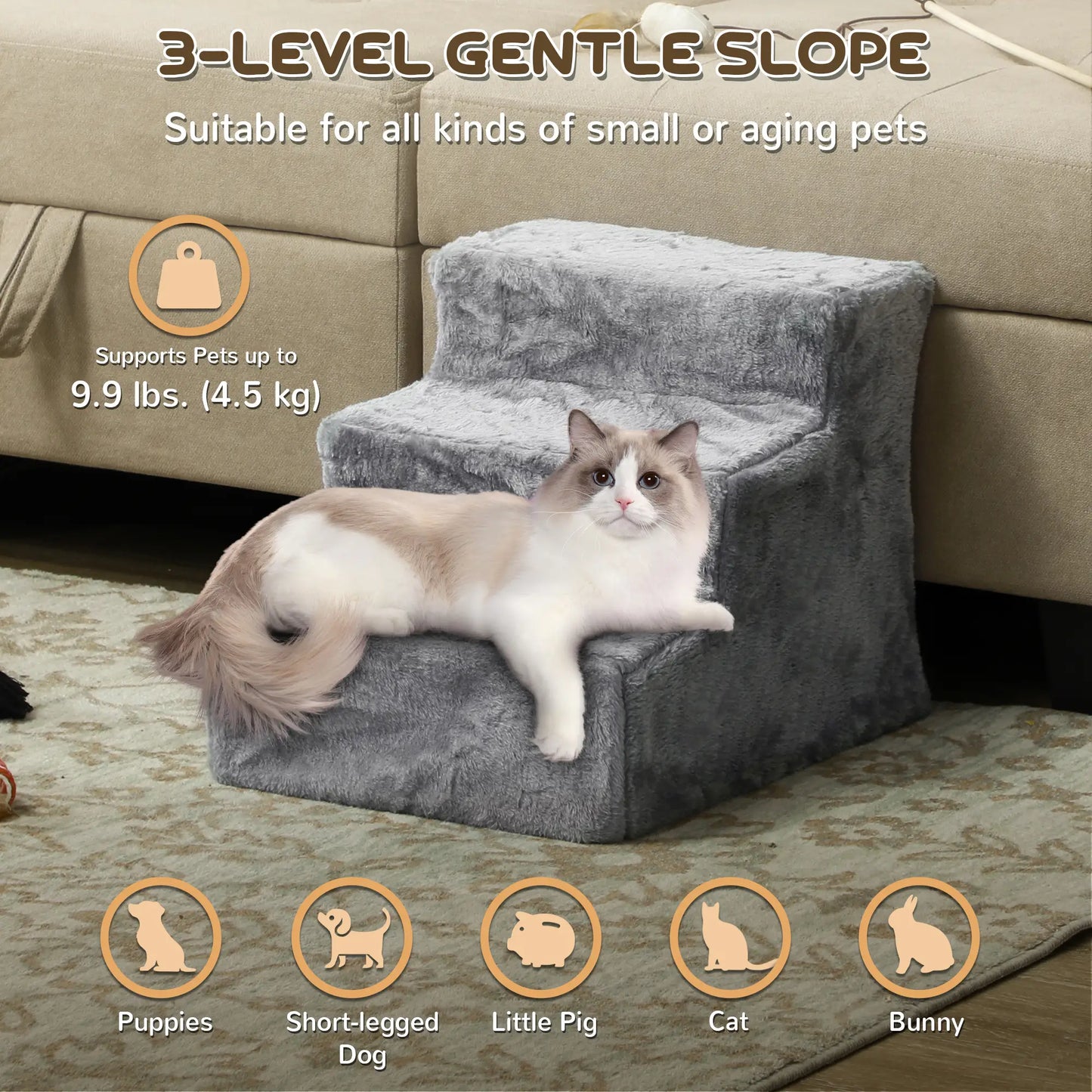 3-Step Dog Ramp for Sofa, Bed, Couch, Removable Cover, Light Grey Dog Stairs at Gallery Canada