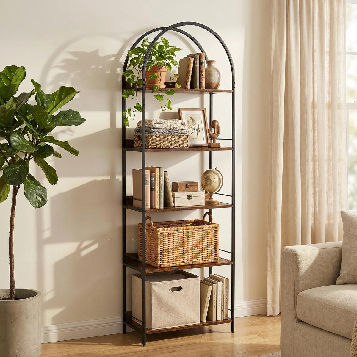 73.2" Tall Arched Bookshelf, 5-Tier, Industrial, Rustic Brown Display Bookshelves at Gallery Canada