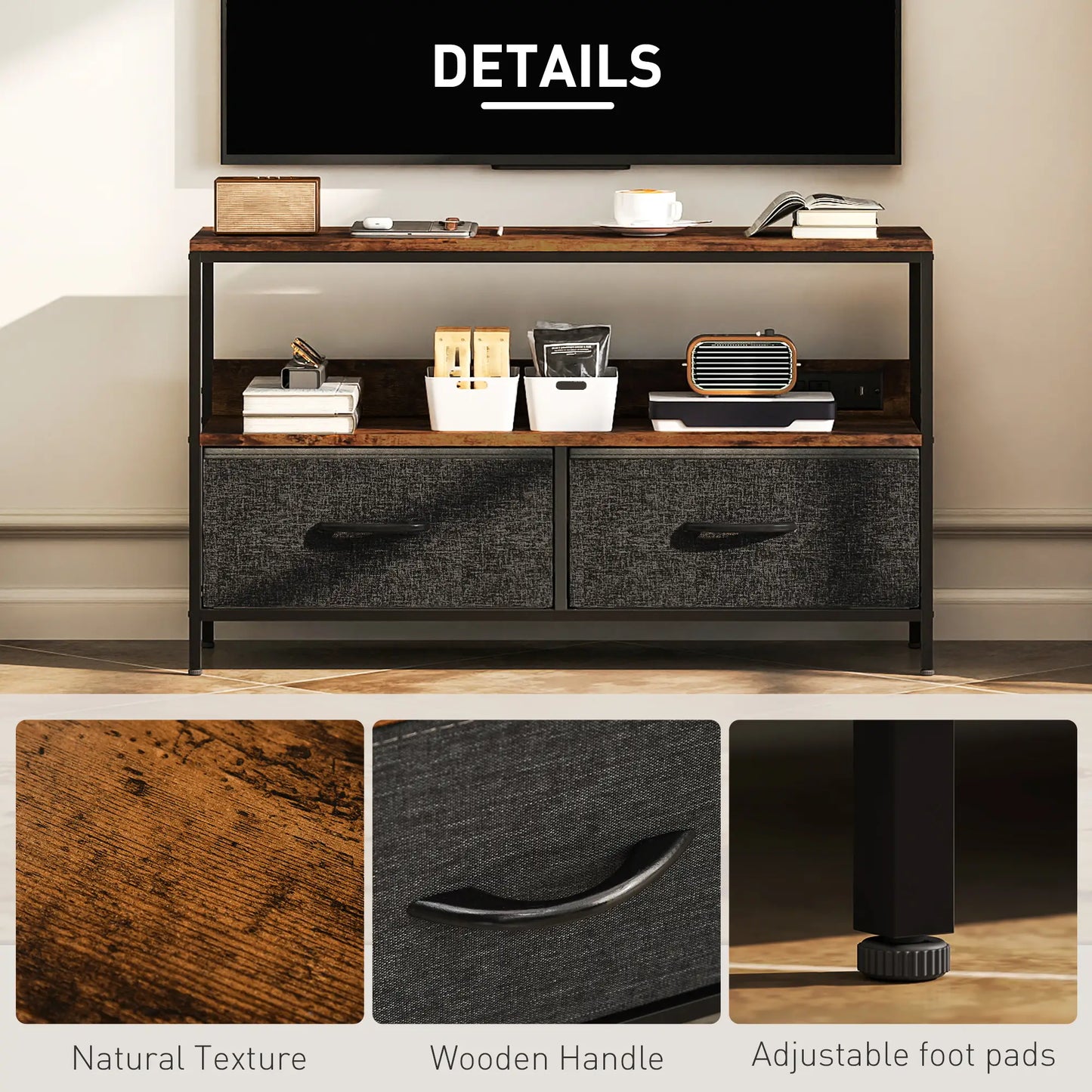 TV Stand With Charging Station, 2 Foldable Linen Drawers, Open Shelf, 47 Inch, Rustic Brown, Brown TV Stands at Gallery Canada