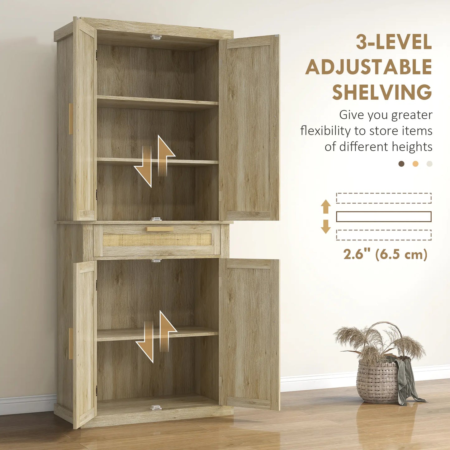 72" Kitchen Storage Cabinet, Rattan Pantry, 4 Doors, Drawer, 5-Tier Shelf, Oak Kitchen Pantry Cabinets at Gallery Canada