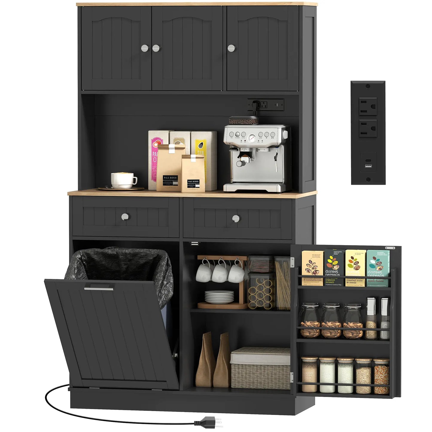 68 Inch Pantry Cabinet with Charging Station, Microwave Stand, Trash Can, Black Kitchen Pantry Cabinets Black, Oak at Gallery Canada