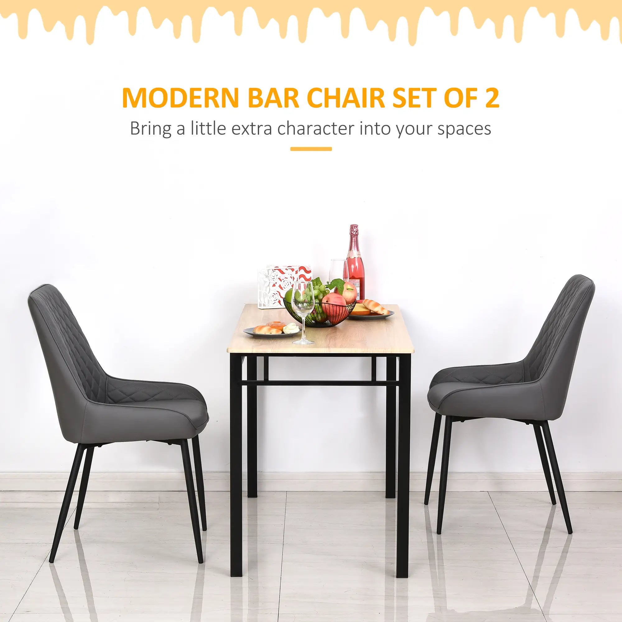 Modern Dining Chairs Set of 2, PU Leather, Metal Legs, Grey Bar Stools at Gallery Canada