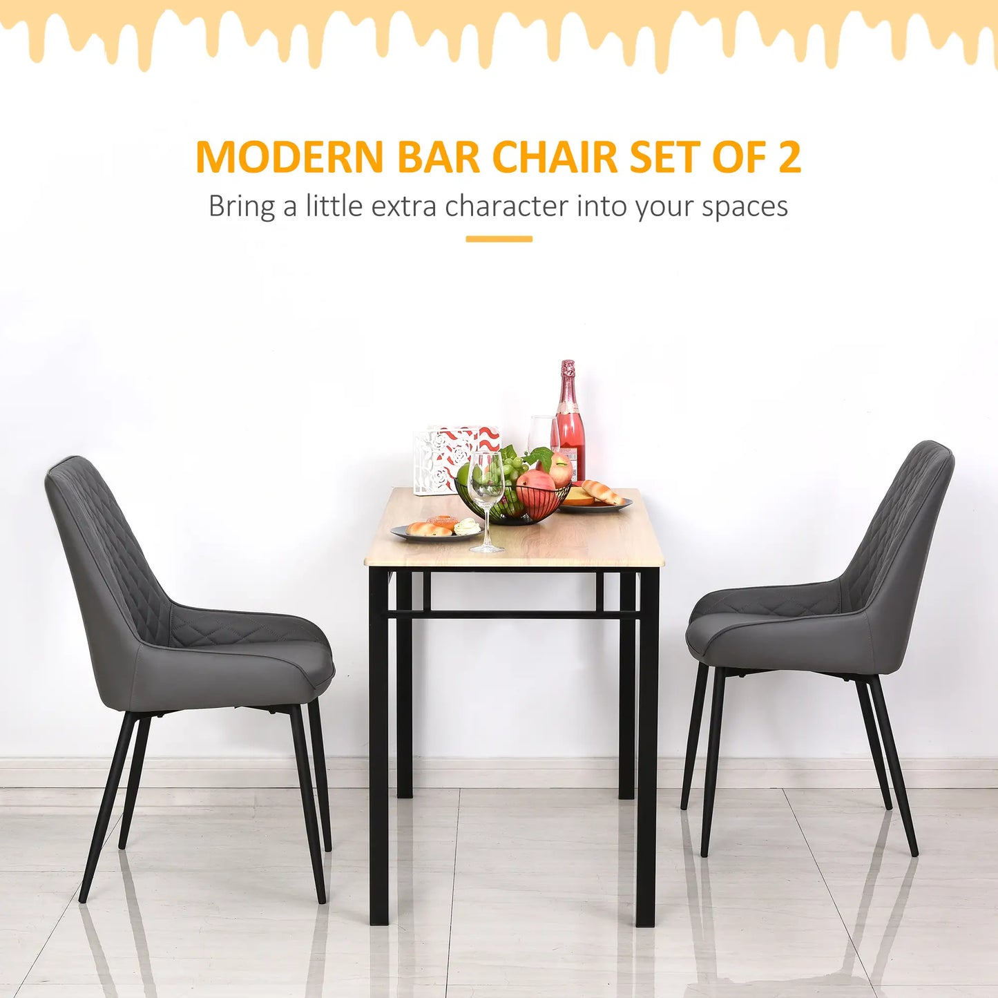 Modern Dining Chairs Set of 2, PU Leather, Metal Legs, Grey Bar Stools at Gallery Canada
