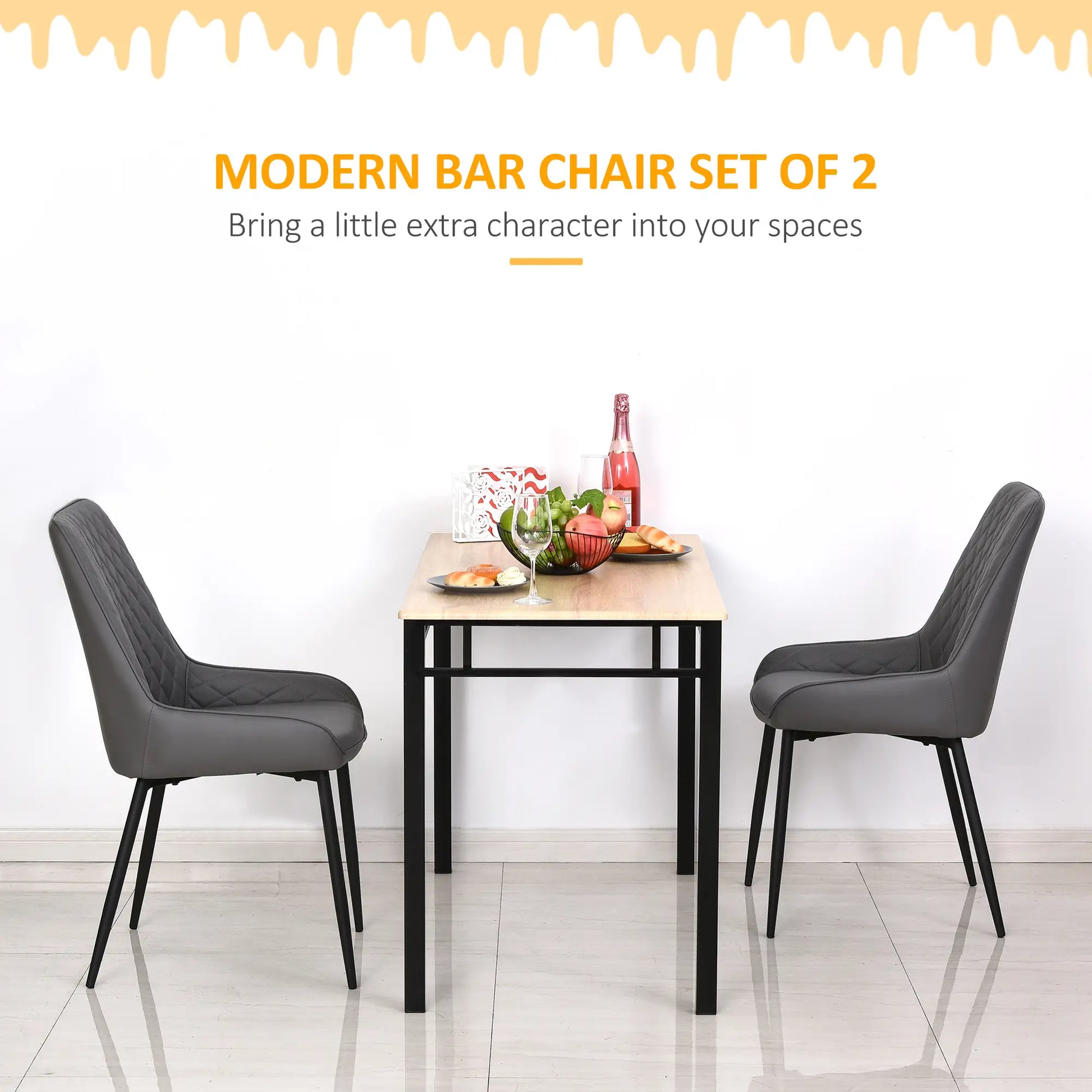 Modern Dining Chairs Set of 2, PU Leather, Metal Legs, Grey Bar Stools at Gallery Canada