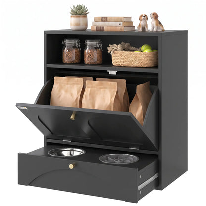 Dog Feeding Station, Food Storage Cabinet, 2 Elevated Bowls, Black Dog Bowls Black at Gallery Canada