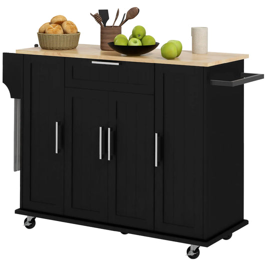 Modern Rolling Kitchen Island Cart, Natural Wood Top, Black, Black Kitchen Islands & Kitchen Carts Black, Natural at Gallery Canada