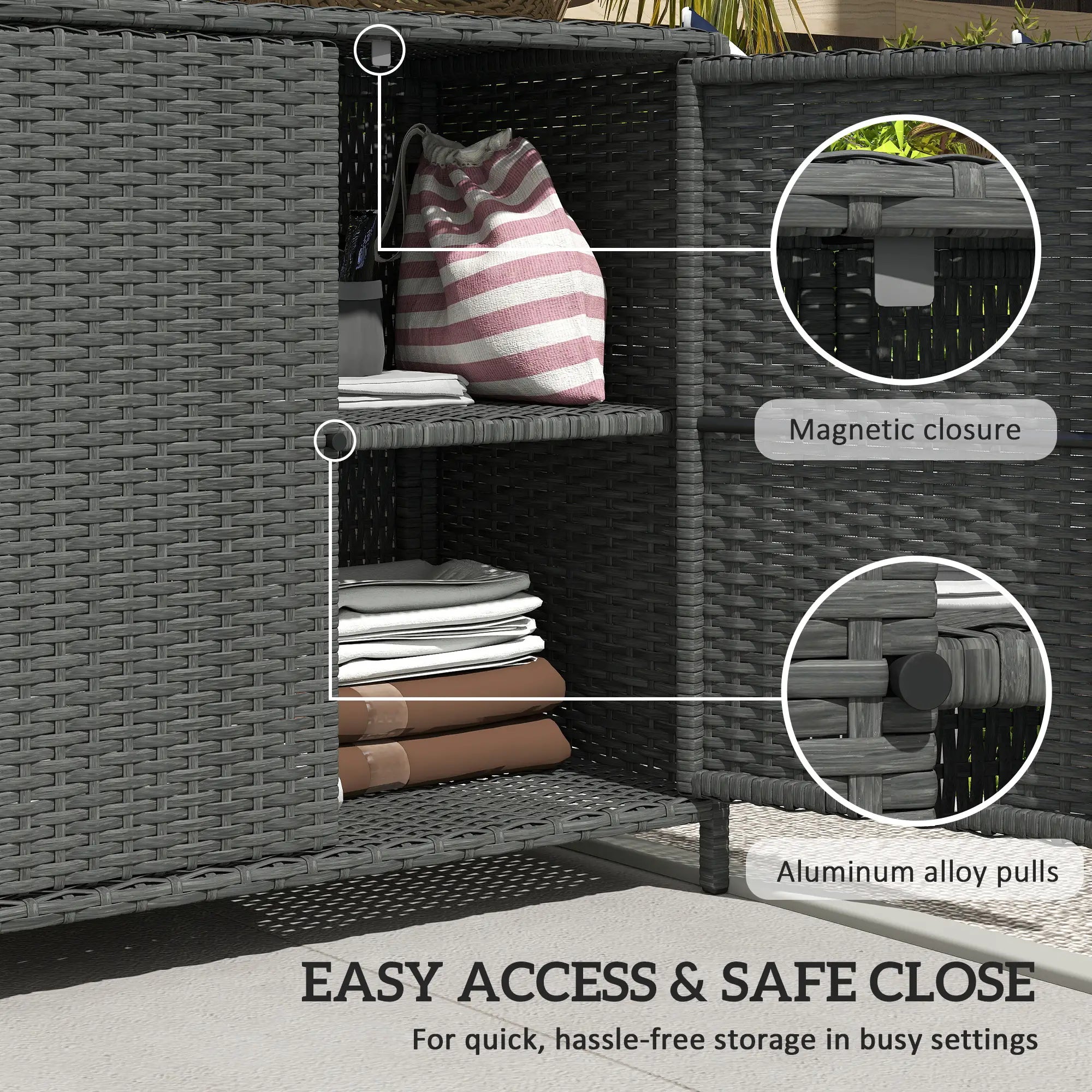 Outdoor Storage Cabinet, Double Magnetic Doors, PE Rattan Towel Rack, Dark Grey Patio Storage Boxes at Gallery Canada