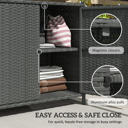 Outdoor Storage Cabinet, Double Magnetic Doors, PE Rattan Towel Rack, Dark Grey Patio Storage Boxes at Gallery Canada