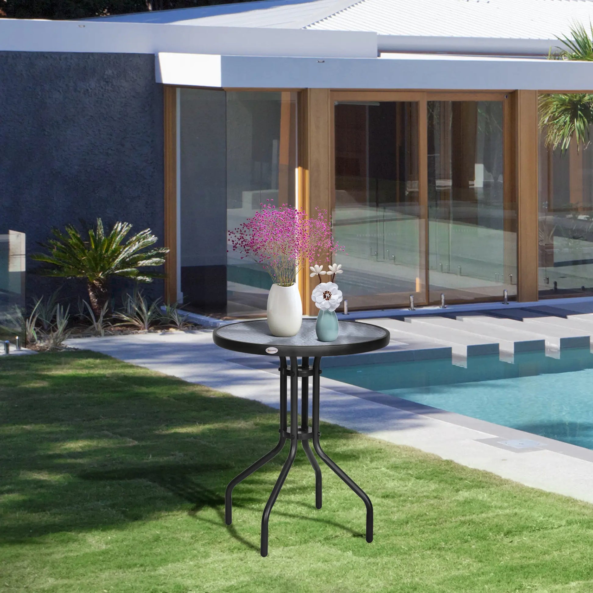 24" Round Patio Table, Tempered Glass Top, Steel Frame, Outdoor Dining Patio Side Tables at Gallery Canada