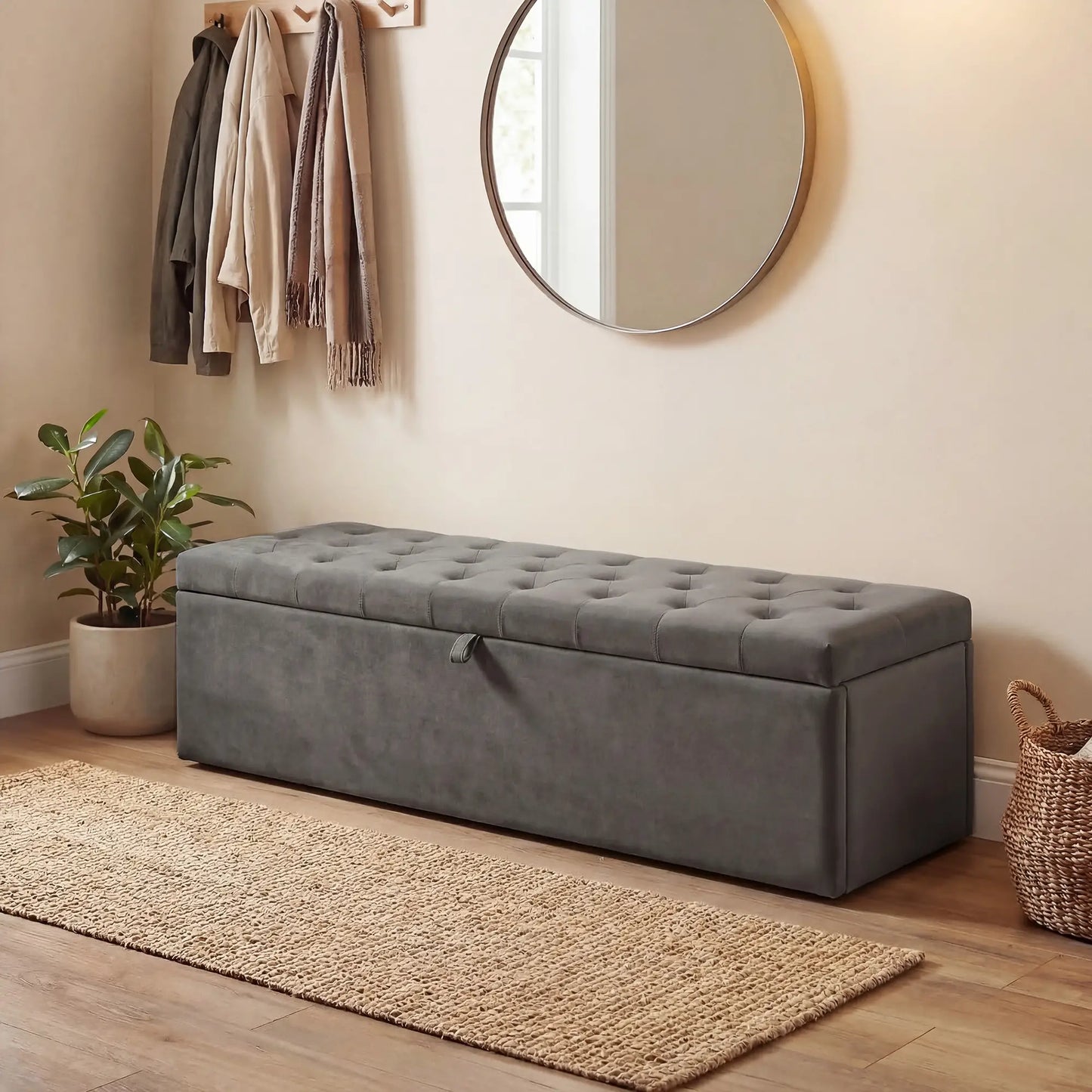 Storage Ottoman Bench, Button Tufted Velvet, Grey Storage Ottomans & Benches at Gallery Canada