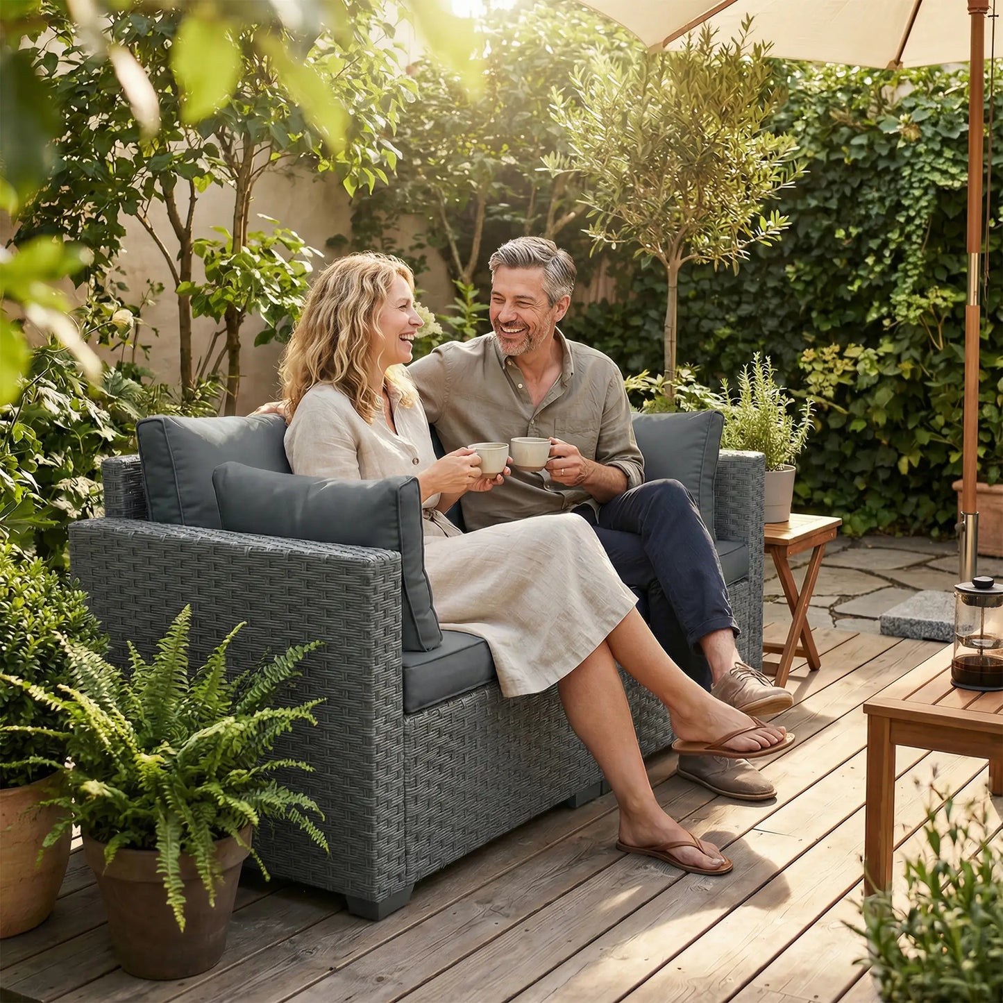 2 Seater Outdoor Couch, Deep Seat, Cushions, Wide Armrests, Dark Grey Patio Furniture Sets at Gallery Canada