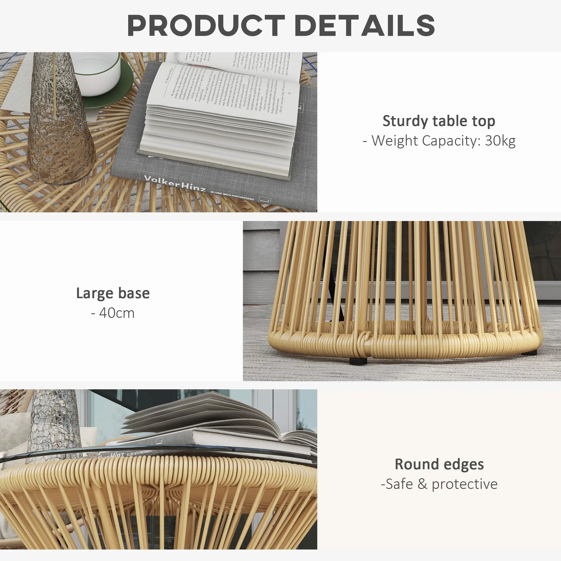 Round Rattan Side Table, Hollow Drum Design, Glass Top, Beige Patio Side Tables at Gallery Canada