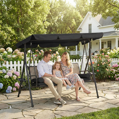 Outdoor 3-Seat Porch Swing, Rattan Seat, Removable Cushion
