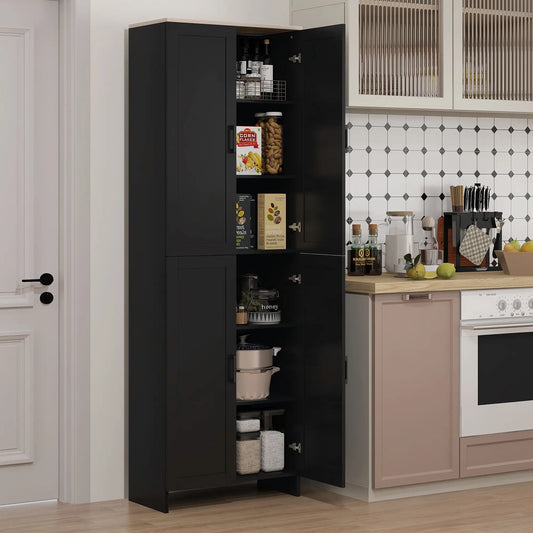 67" 4-Door Kitchen Pantry Cabinet, Adjustable Shelves, Black Kitchen Pantry Cabinets Black and Natural Wood Effect Top at Gallery Canada