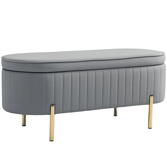 Upholstered Channel Tufted Ottoman Bench, Thick Padding, Metal Legs, Grey