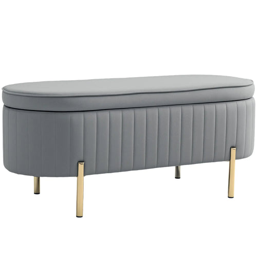 Upholstered Channel Tufted Ottoman Bench, Thick Padding, Metal Legs, Grey