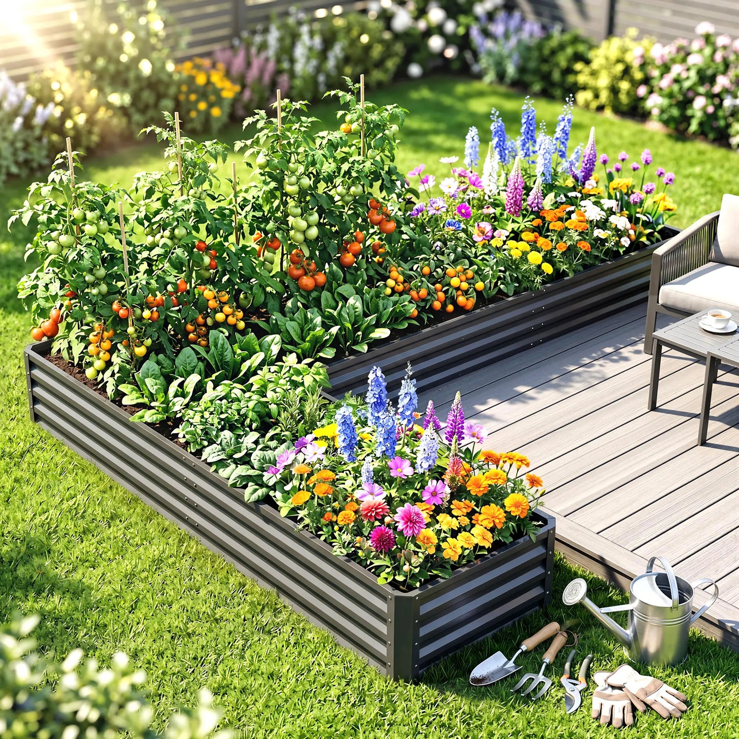 L-Shaped Raised Garden Bed, 82" x 109" x 12", Galvanized Steel, Dark Grey Galvanized Planter Boxes at Gallery Canada