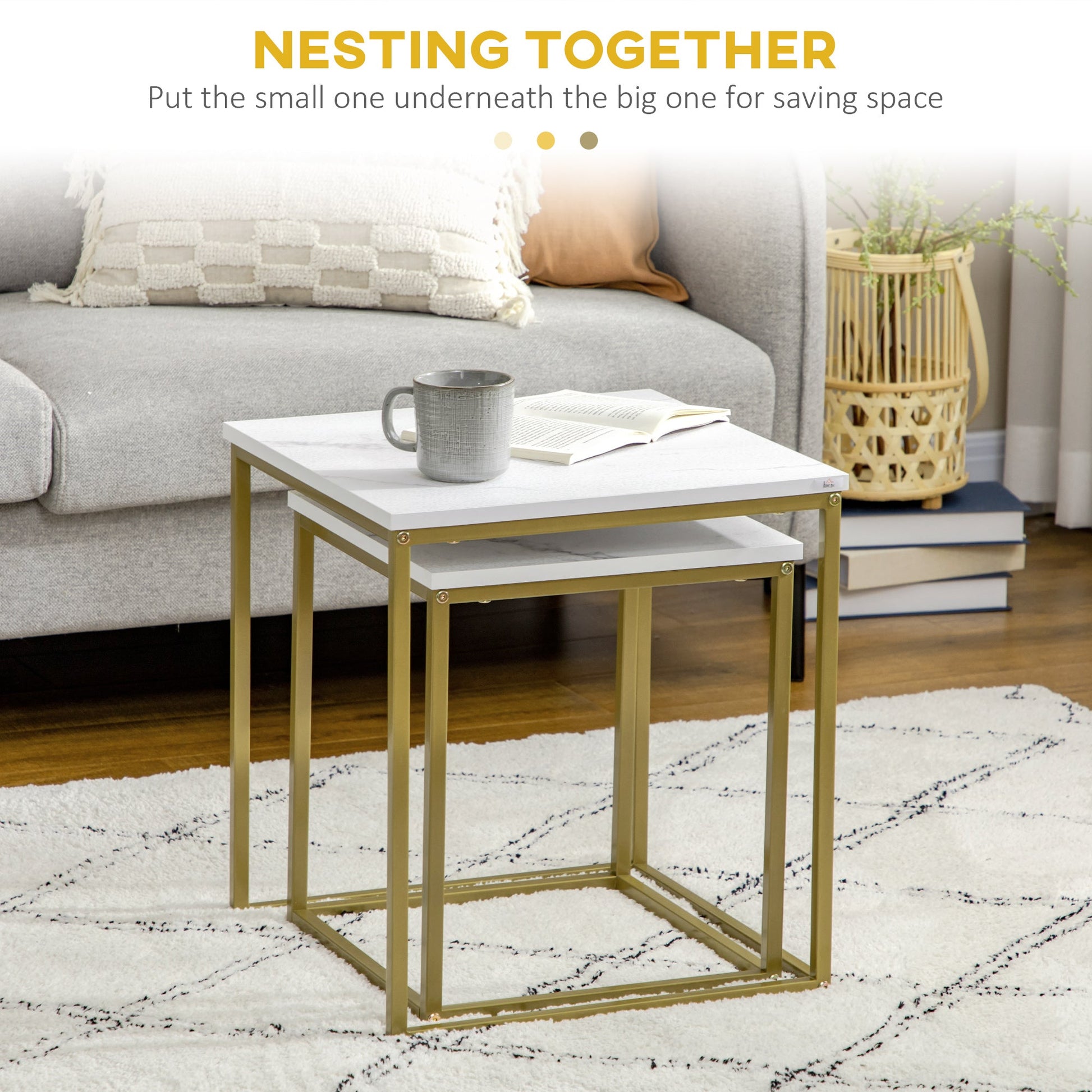 Square Nesting Tables Set of 2, Stacking Coffee Table Set with Faux Marbled Top and Metal Frame, Modern Coffee Table for Living Room, Bedroom, White - Gallery Canada