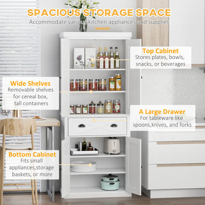 72.5" Kitchen Pantry Cabinet, 4 Doors, Drawer, Adjustable Shelves, White