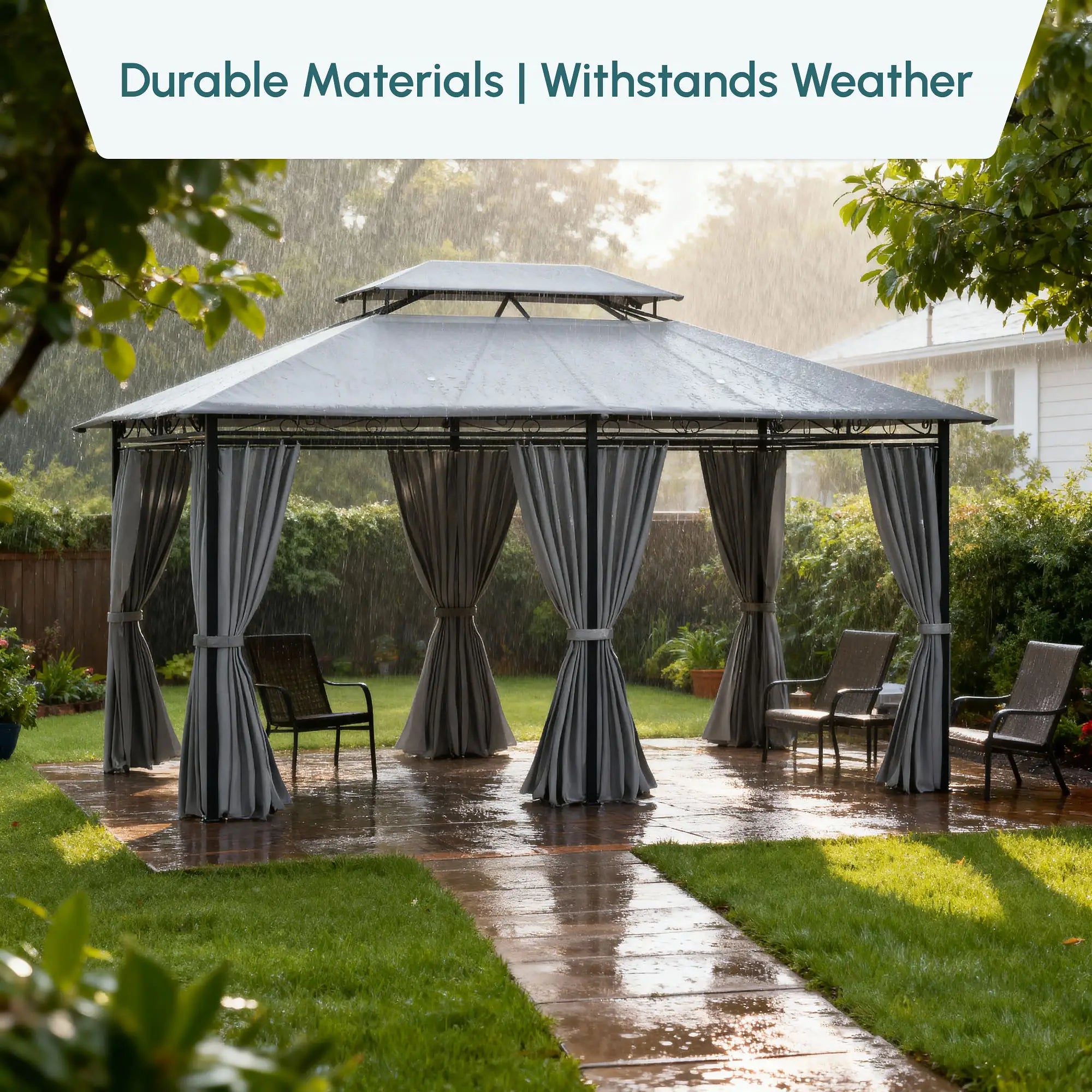10' x 13' Patio Gazebo, 2-Tier Canopy with Curtains, Dark Grey Gazebos at Gallery Canada