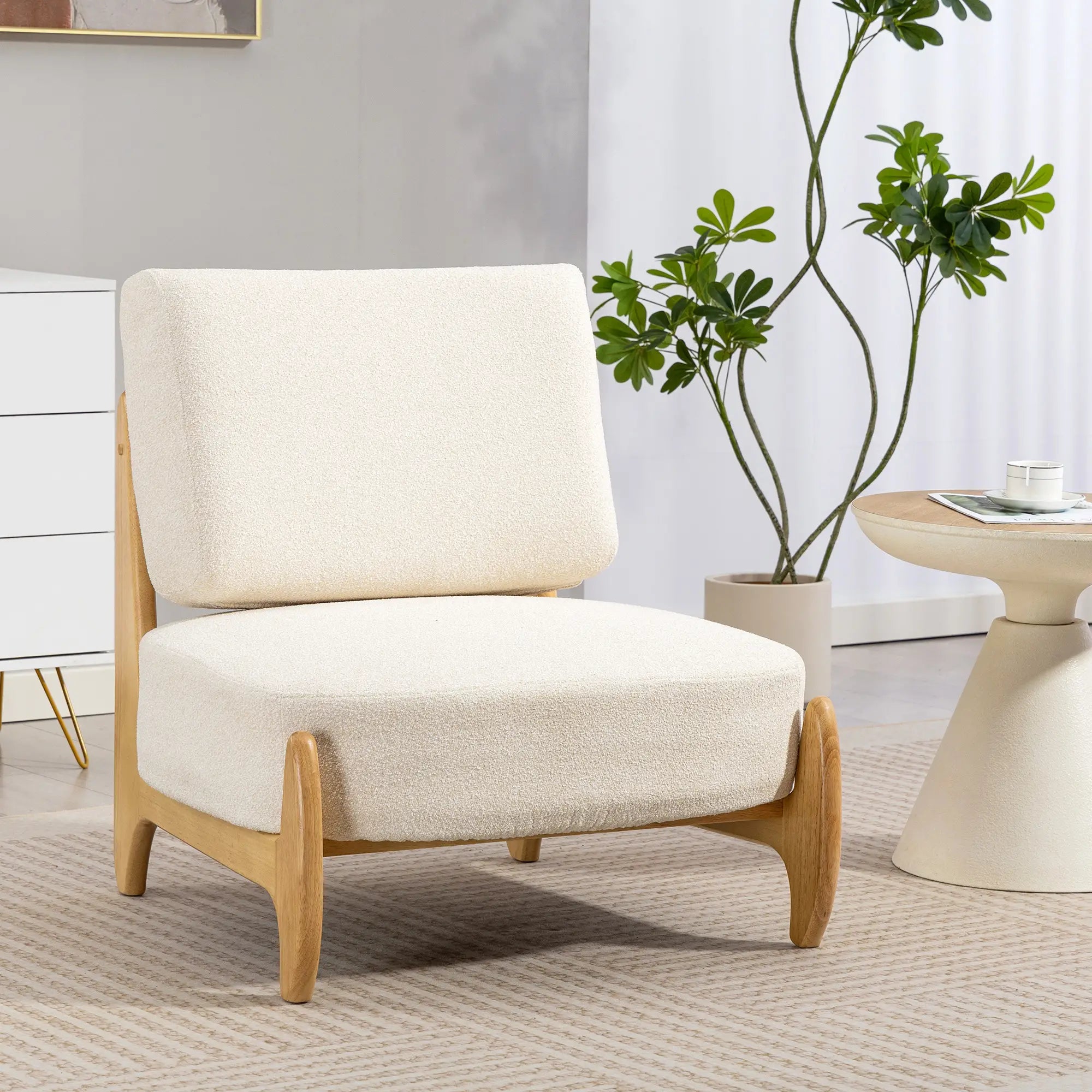 Accent Chair, Rubber Wood Frame, Wide Seat, Modern Chenille, Thick Cushion, Cream White Accent Chairs at Gallery Canada