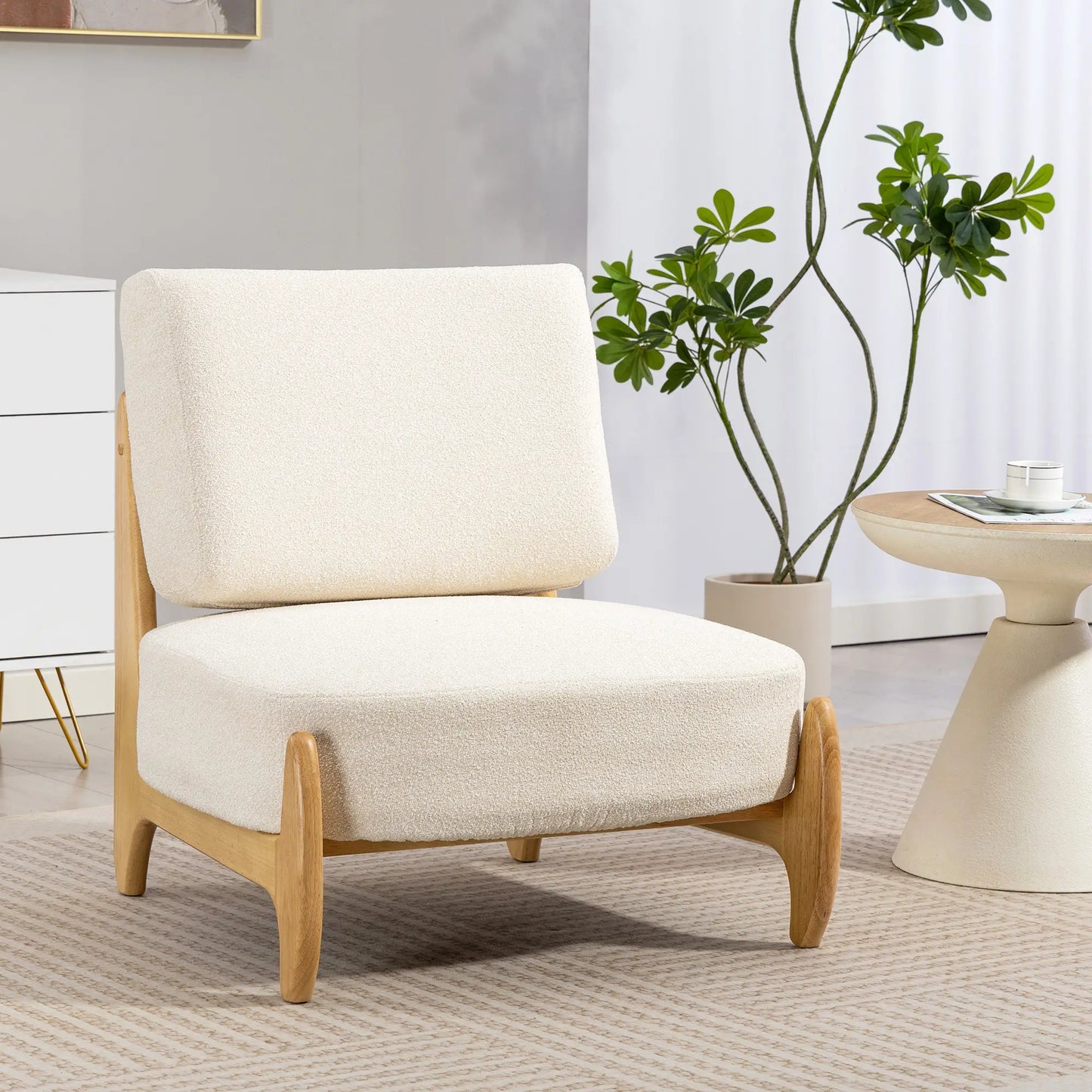 Accent Chair, Rubber Wood Frame, Wide Seat, Modern Chenille, Thick Cushion, Cream White Accent Chairs at Gallery Canada