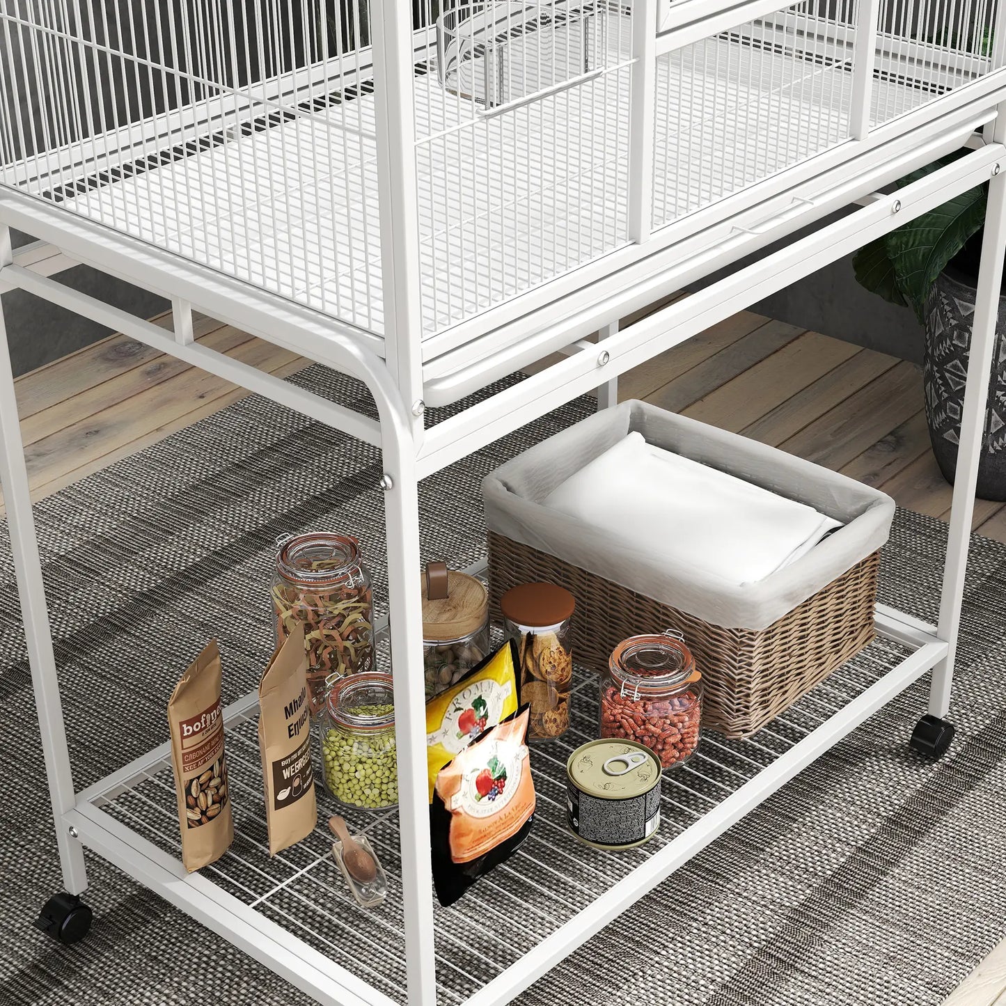 64" Large Rolling Bird Cage With Stand, Shelf, Perch, Food Container, White Bird Cages at Gallery Canada