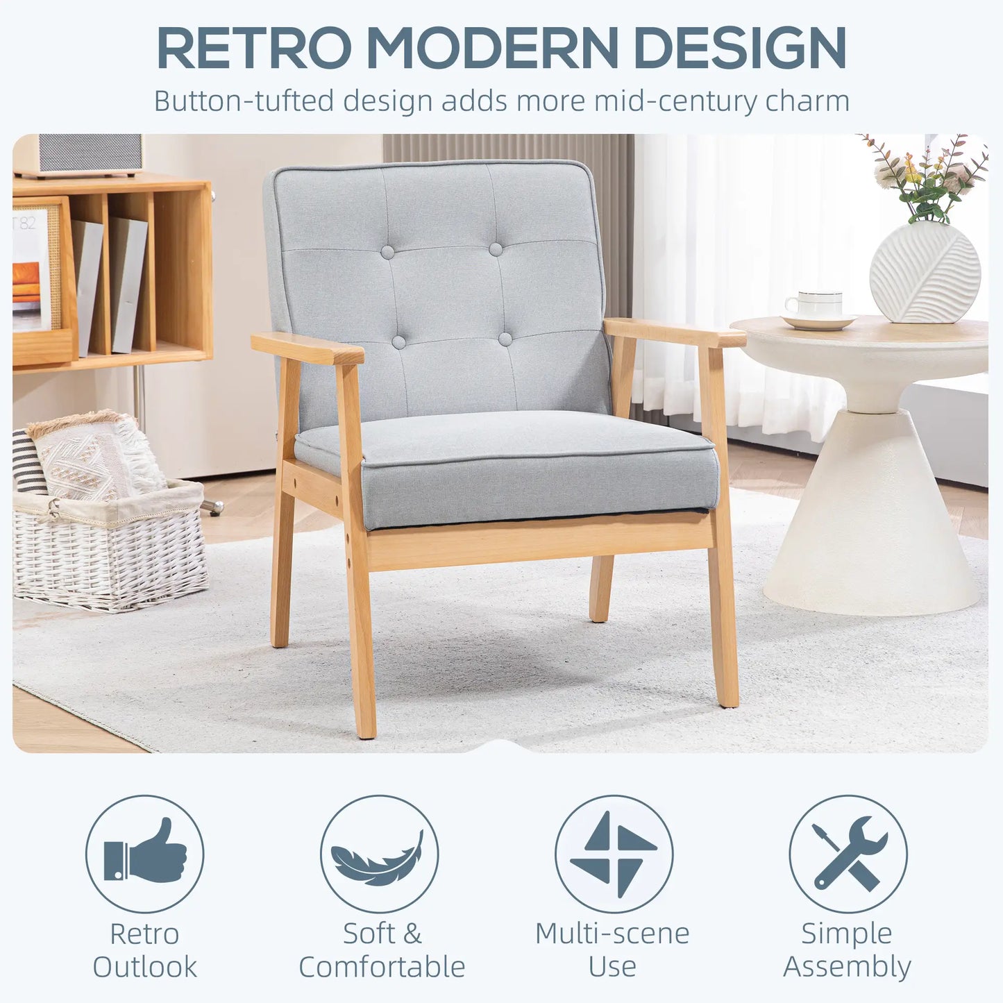 Modern Armchair Fabric, Accent Chair with Tufted Back, Wood Legs and Thick Padding for Living Room, Bedroom, Light Grey Accent Chairs at Gallery Canada