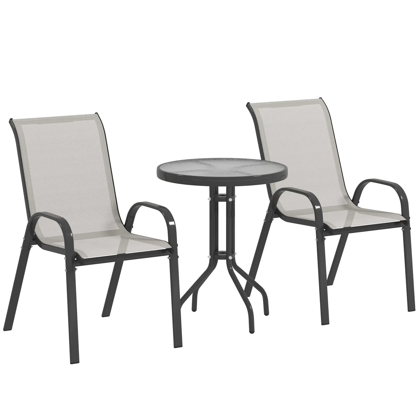 3 Piece Bistro Set, Small Patio Furniture, Stackable Mesh Chairs, Glass Table, Light Grey Bistro Sets at Gallery Canada