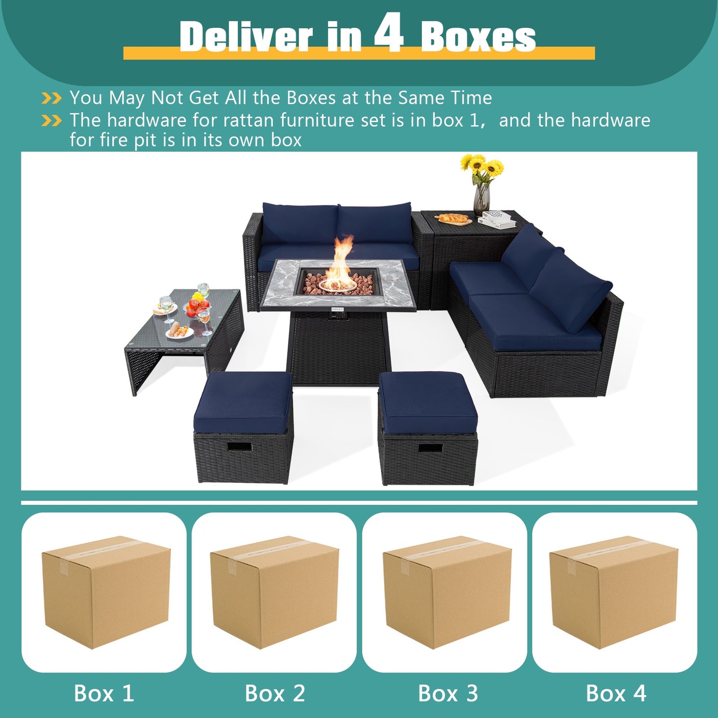 9 Pieces Outdoor Wicker Sectional with 35 Inch Gas Fire Pit Table, Navy Outdoor Sectionals at Gallery Canada