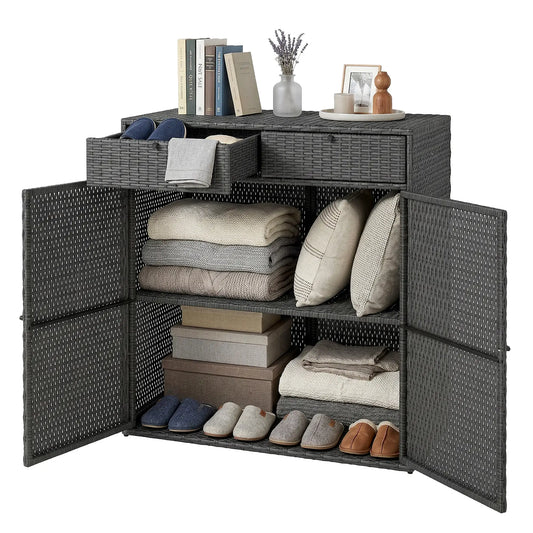 Wicker Outdoor Storage Cabinet, 2 Doors, Drawers, 2-Tier Shelf, Dark Grey Patio Storage Boxes Dark Grey, Black at Gallery Canada