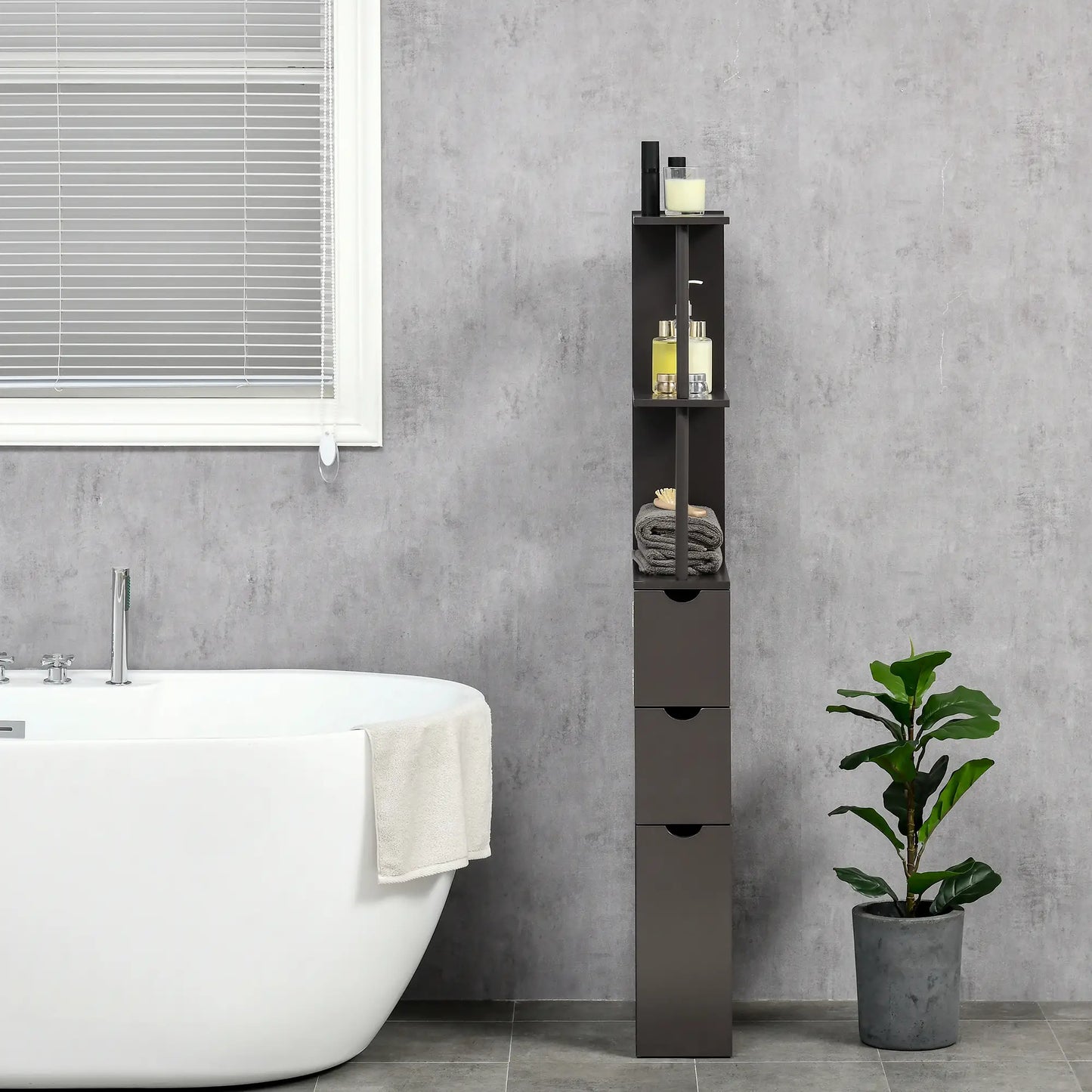 Tall Narrow Bathroom Storage Cabinet with Drawers, Open Shelves, Brown Bathroom Cabinets at Gallery Canada