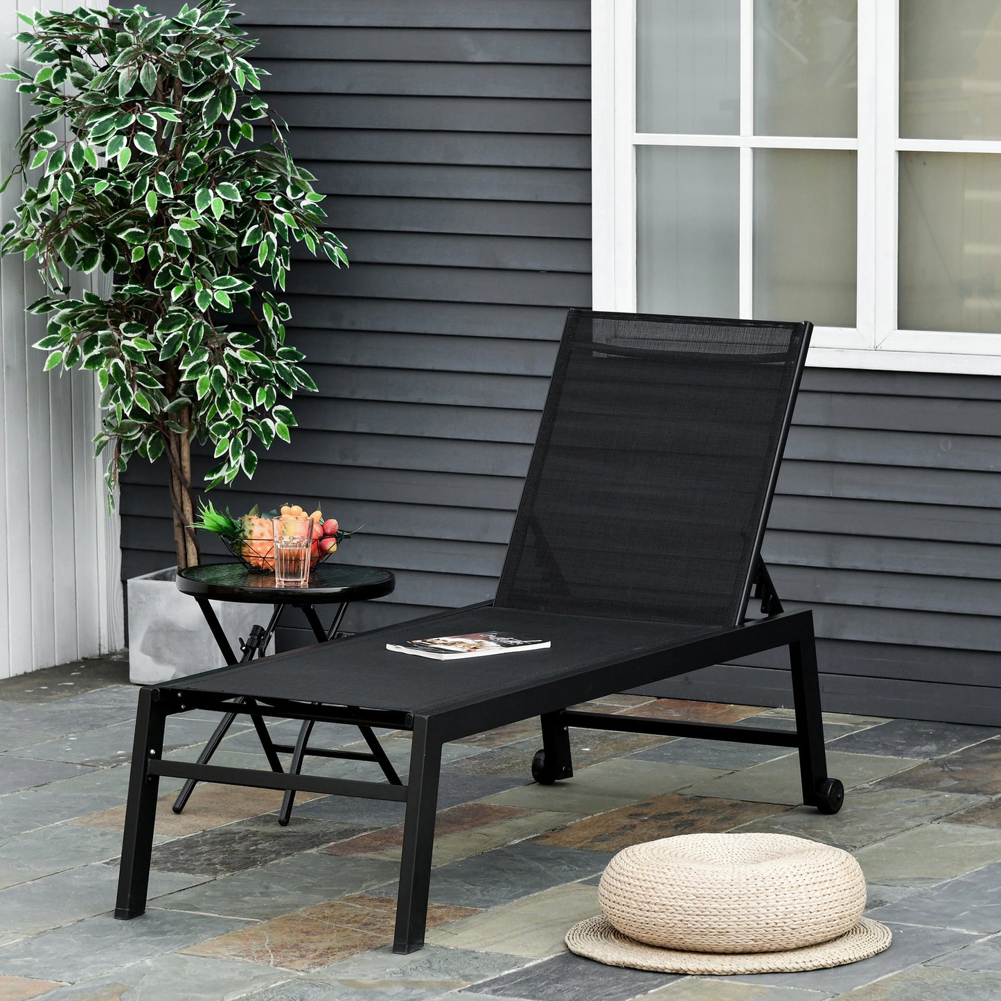 Outdoor Lounge Chair, 5-Position Reclining Backrest, 2 Wheels, Black Lounger Chairs at Gallery Canada