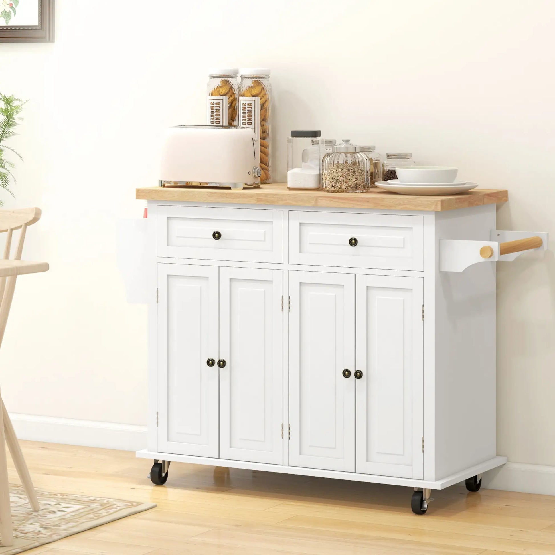 Kitchen Island with Storage, Rolling Cart, Rubber Wood Top, Cream White Kitchen Islands & Kitchen Carts at Gallery Canada