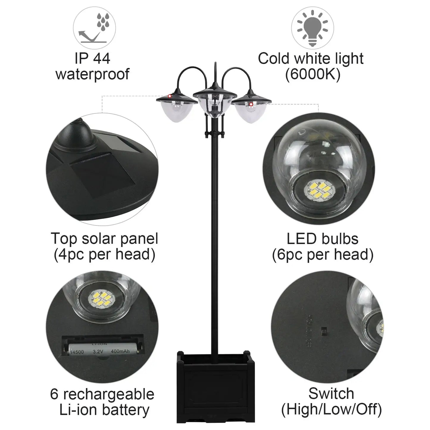 3-Têtes LED Solaire Lumière, Lampadaire avec Jardinière, Noir
