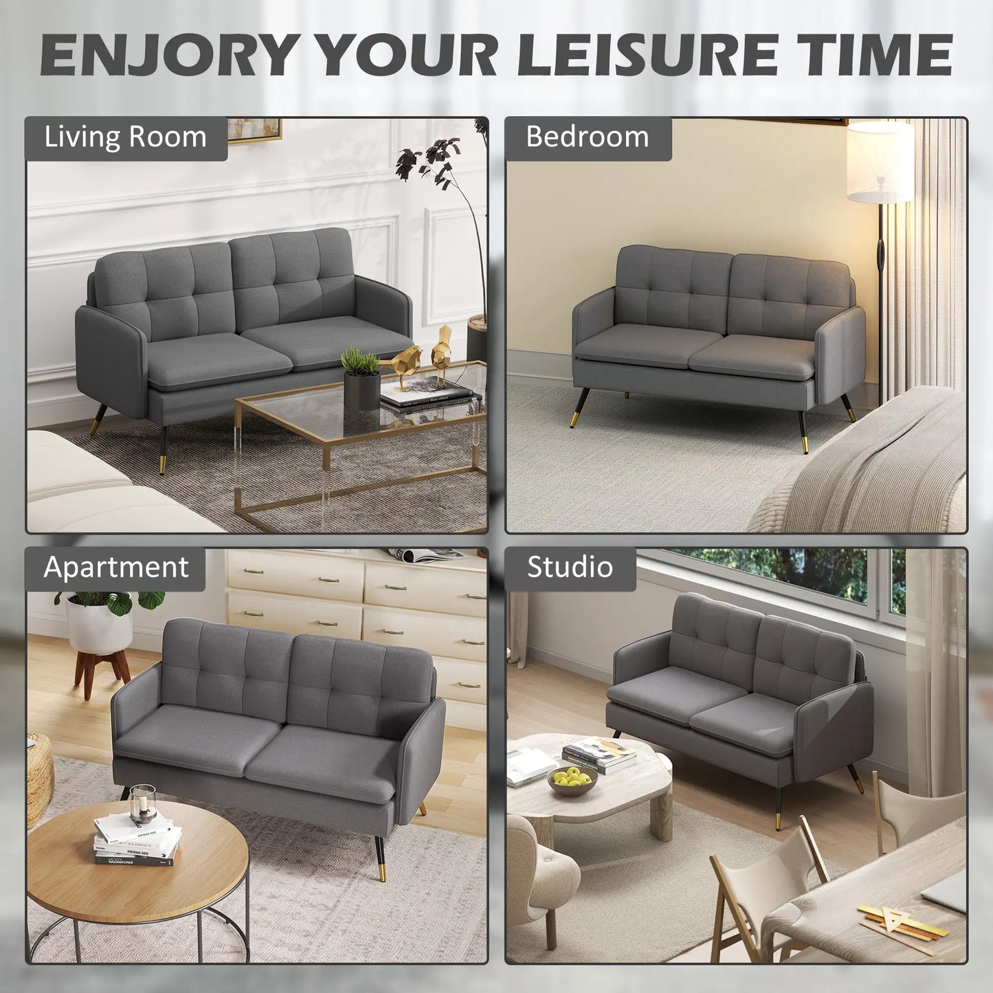 Modern 55" Loveseat, Fabric Sofa, Button Tufted Back, Steel Legs, Dark Grey 2-Seater Sofas at Gallery Canada