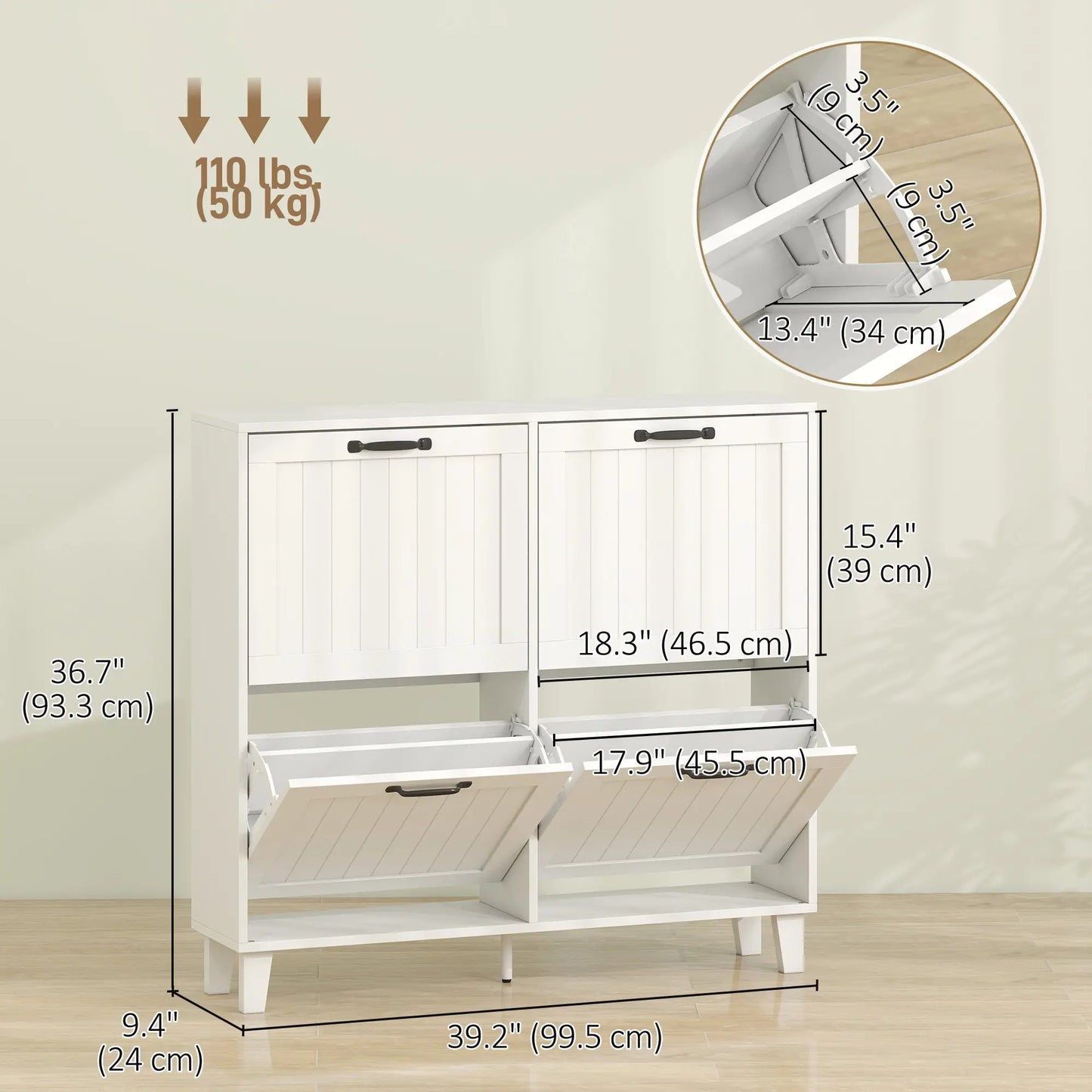 Shoe Cabinet with 4 Flip Drawers, Freestanding Narrow Shoe Storage Cabinet with Adjustable Shelves, Open Back, White
